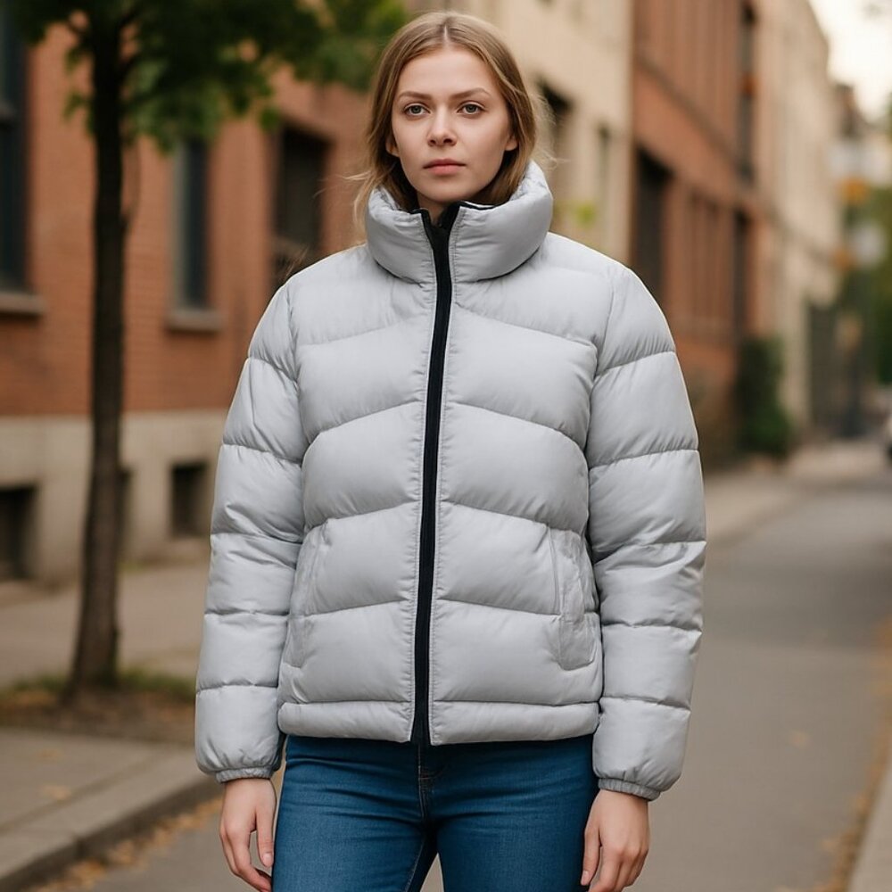 NWT THEORY Stand-Collar Puffer Coat in City Poly In Color Silver